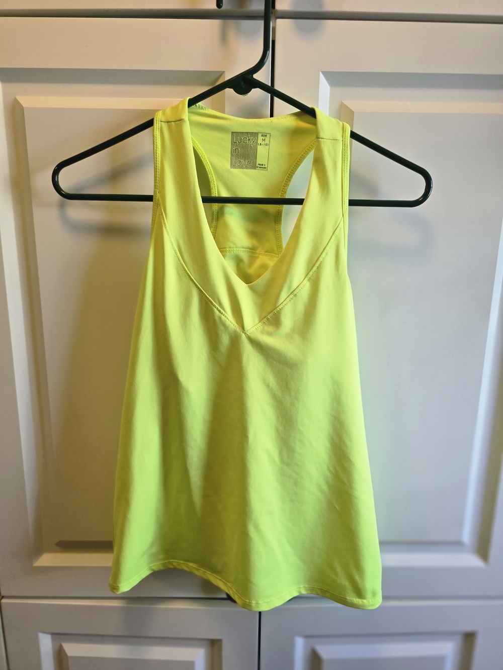 Lucky In Love Neon Yellow Athletic Tank Top Medium Built in Bra Layered V-Neck